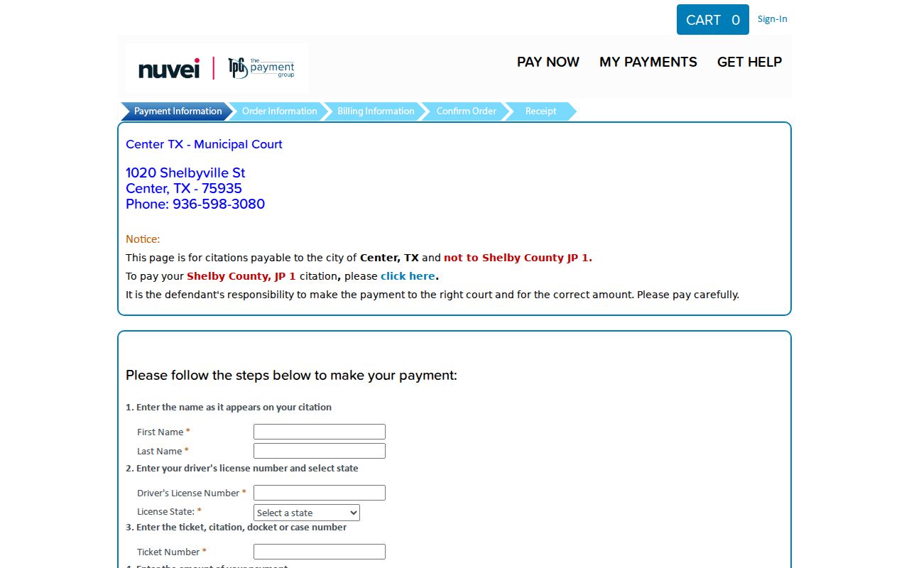 Center Municipal Court TrafficPayment invoice screen