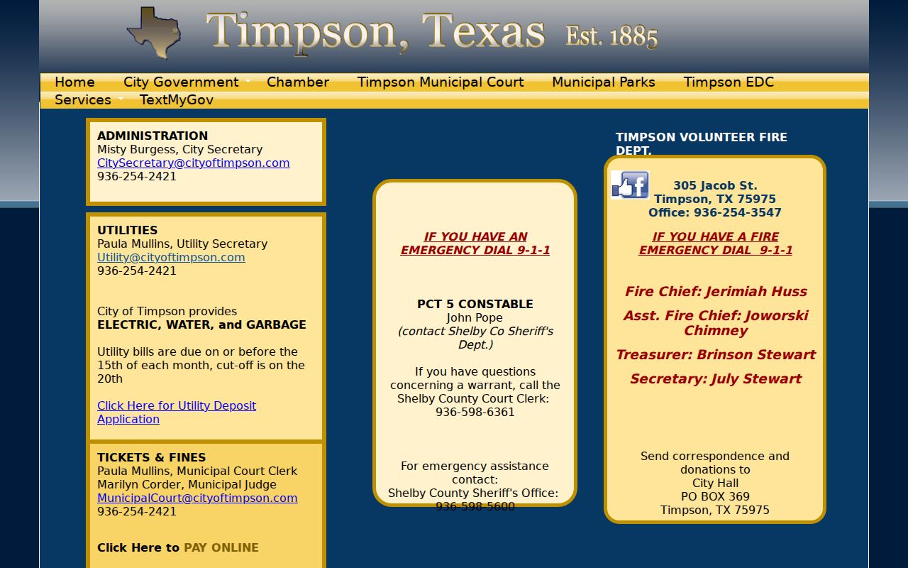 Timpson departments page with municipal court contacts