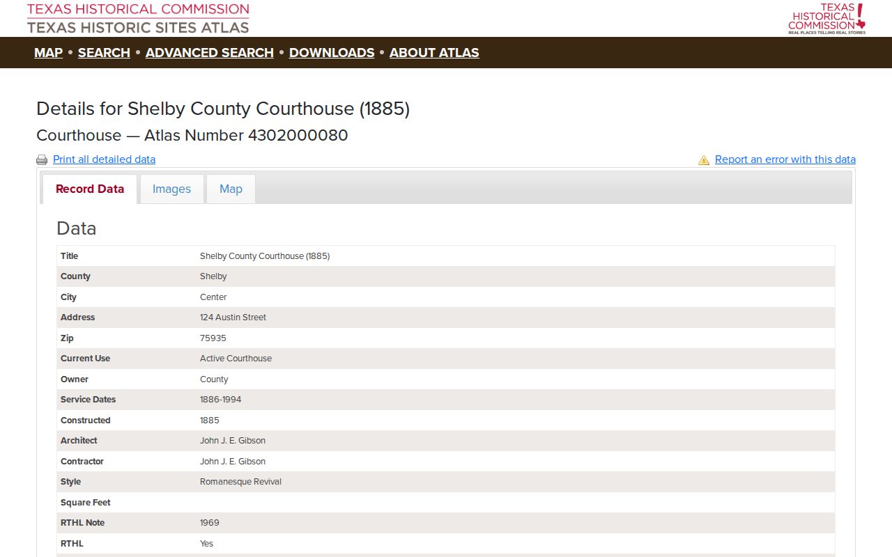 Texas Historical Commission Atlas record for the 1885 Shelby County Courthouse