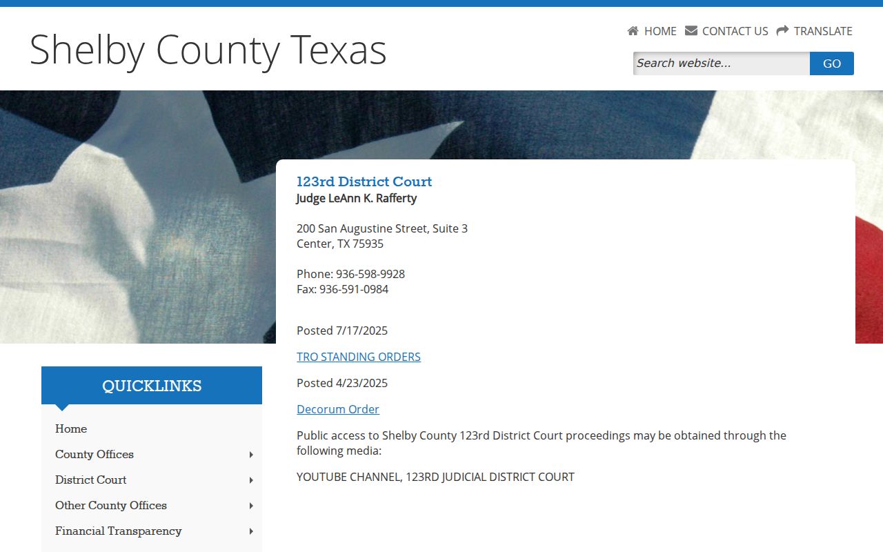 Shelby County criminal docket 123rd District Court page